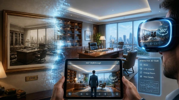 Ilustracija transformacije klasične fotografije u interaktivno digitalno iskustvo prostora i virtualnu &scaron;etnju.