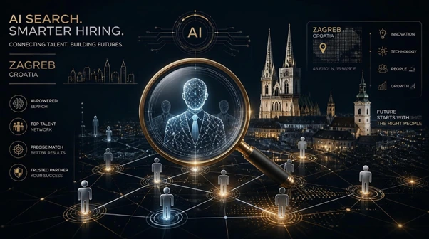 Futuristički prikazi i digitalna mreža na tamnoj pozadini uz zlatne i srebrne detalje koji simboliziraju AI pretragu i korporativni najam u Zagrebu.