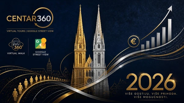 Luksuzan vizual za vodič za iznajmljivače apartmana u Zagrebu 2026. Tamna pozadina sa zlatnim i srebrnim elementima koji prikazuju moderniziranu siluetu Zagrebačke katedrale okruženu apstraktnim linijama rasta. Godina '2026' je jasno vidljiva u donjem dijelu.